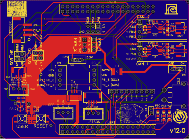 A custom printed circuit board designed by the Triton Robotics Electronics team